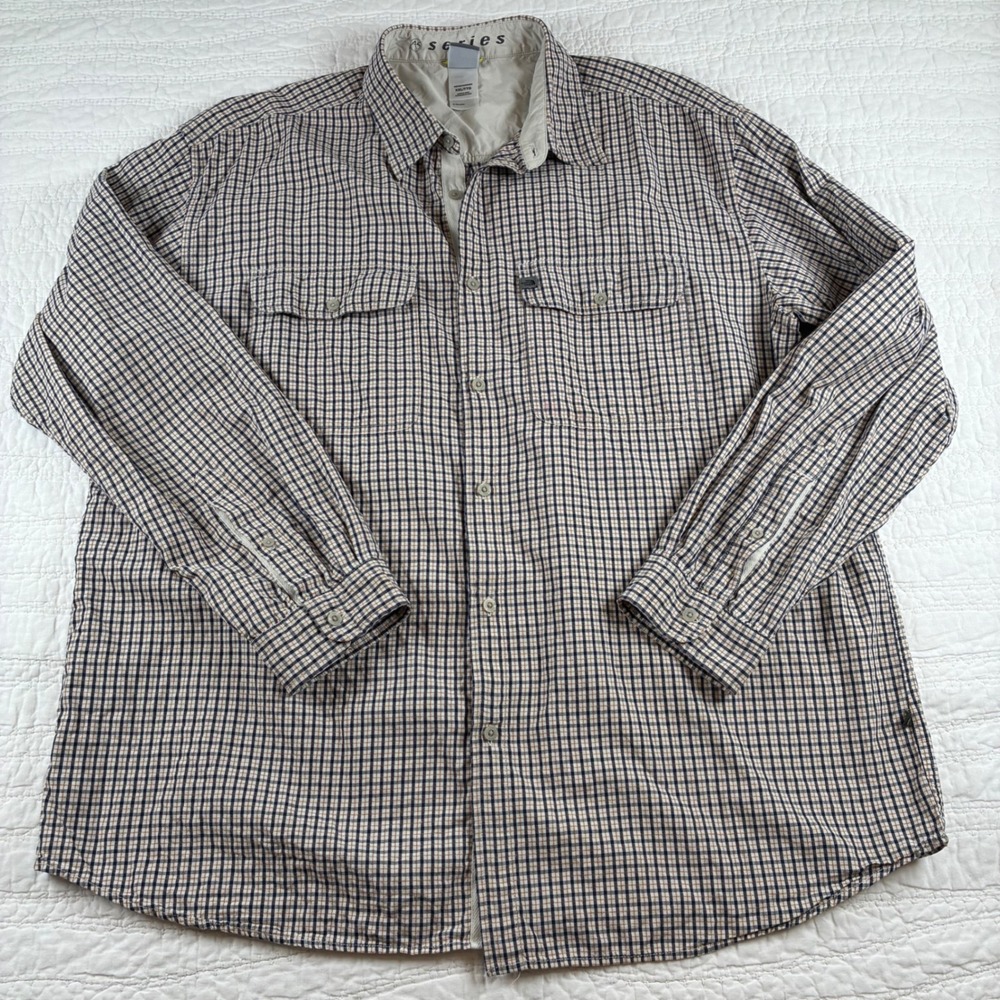 The North Face A5 Series Shirt Mens XXL Tan Navy Plaid Button Down Hiking Cabin